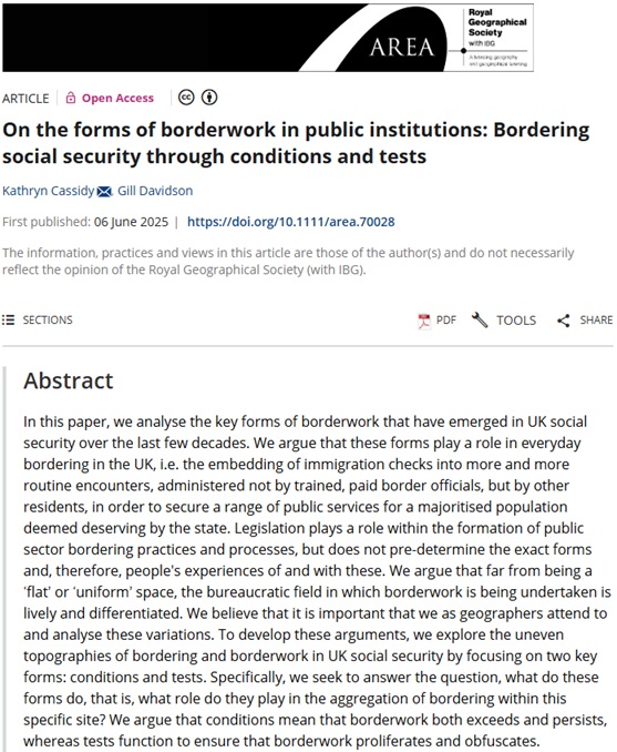 RGS_IBGhe's tweet image. 🔊New paper published in Area by @KathrynLCassidy and Gill Davidson (@NUGeog) 🔊
'On the forms of borderwork in public institutions: Bordering social security through conditions and tests' #OpenAccess
doi.org/10.1111/area.7…