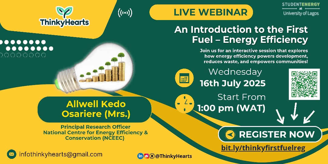 ThinkyHearts's tweet photo. 📢 Nigeria's most powerful energy source may be the one we waste every day.

Join our free webinar on Energy Efficiency — the “First Fuel” that can reduce costs, save power, and build smarter homes.

🗓 Wed, July 16 • ⏰ 1PM (WAT)
🔗 https://t.co/Ga89gbWKHX
#EnergyEfficiency https://t.co/z5e7stBwYQ