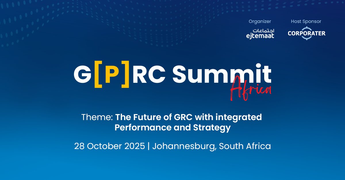 Corporater's tweet image. Introducing the GPRC Summit 2025 for the first time in Africa!
The G[P]RC Summit, host sponsored by Corporater and organized by Ejtemaat Events MENA, is the world’s largest summit on G[P]RC: GRC integrated with Performance and Strategy.
Learn more - gprcsummit.com/africa/
#GPRC