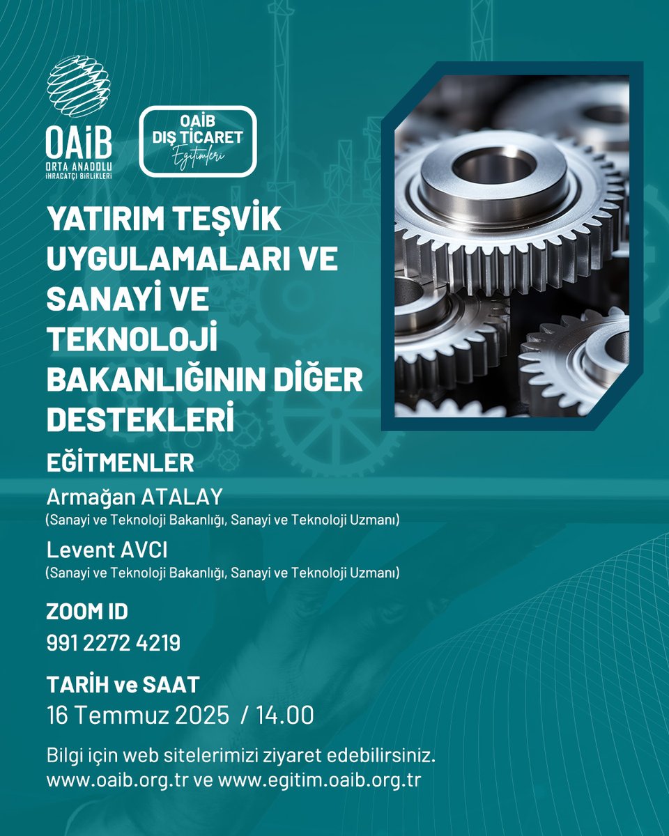 Yatırım Teşvik Uygulamaları ve Sanayi ve Teknoloji Bakanlığının Diğer Destekleri, 16 Temmuz Çarşamba günü saat 14.00’te Armağan Atalay ve Levent Avcı'nın anlatımlarıyla gerçekleşecektir.
Eğitimimize katılmak için profildeki linke tıklayınız.