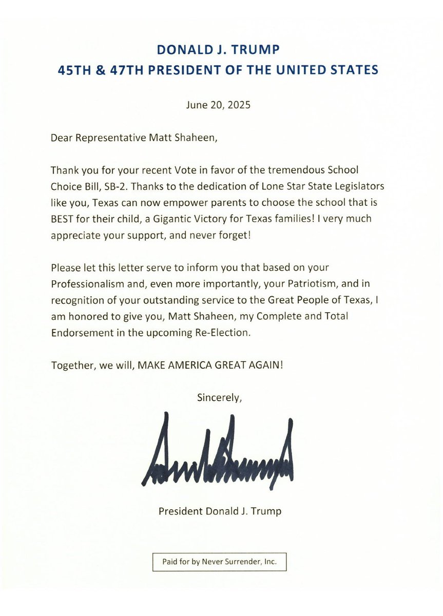 MattShaheen's tweet image. 🚨Trump Endorses Matt Shaheen🚨
I am honored to receive the endorsement of President Trump.
I’ve fought for our shared TX values & delivered historic victories. I am grateful for the president’s support & more excited than ever to serve the great people of Texas. #txlege