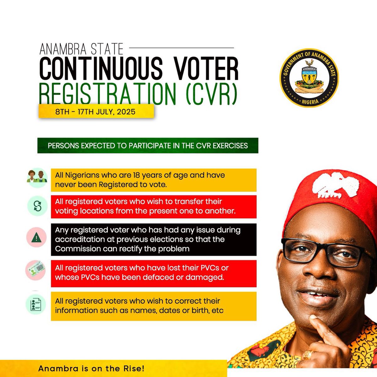 Ndi Anambra,

I urge you all to take advantage of the Continuous Voter Registration (CVR) exercise commenced by INEC for the 2025 Anambra State Gubernatorial election. This is your chance to shape the future of our beloved state.

Let's register, let's vote, and let's determine