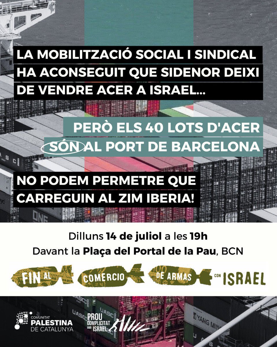 🔴 ALERTA!

Concentració dilluns 14 de juliol a les 19h a la plaça del Portal de la Pau.

❗Subministrar acer a la maquinària genocida que ja ha assassinat 20.000 infants és un crim!

<a href="/desdelamoncloa/">La Moncloa</a> ha d'impedir-ho!