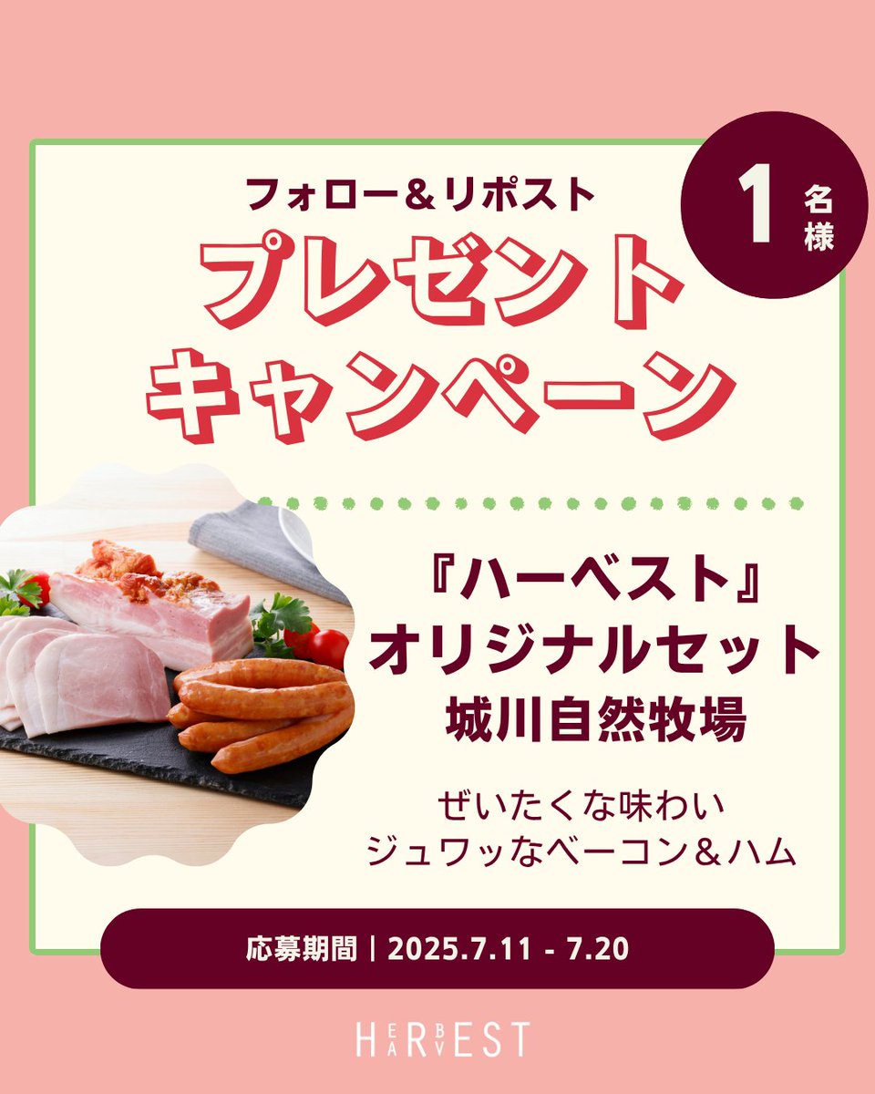 herbest_harvest's tweet photo. 🍖 城川自然牧場『ハーベスト』オリジナルセット

＼1名様にプレゼント🎁／

愛���産の良質な豚肉🐖を「ドイツ人マイスター直伝」の製法で仕上げた、旨味が広がるベーコン･ハム･ソーセージ🍖

📌締切：7/20（日）23:59まで
1️⃣ 本アカウントをフォロー
2️⃣ 投稿をリポスト
※当選者にはDMでご連絡します https://t.co/HbkvN8KU2Q