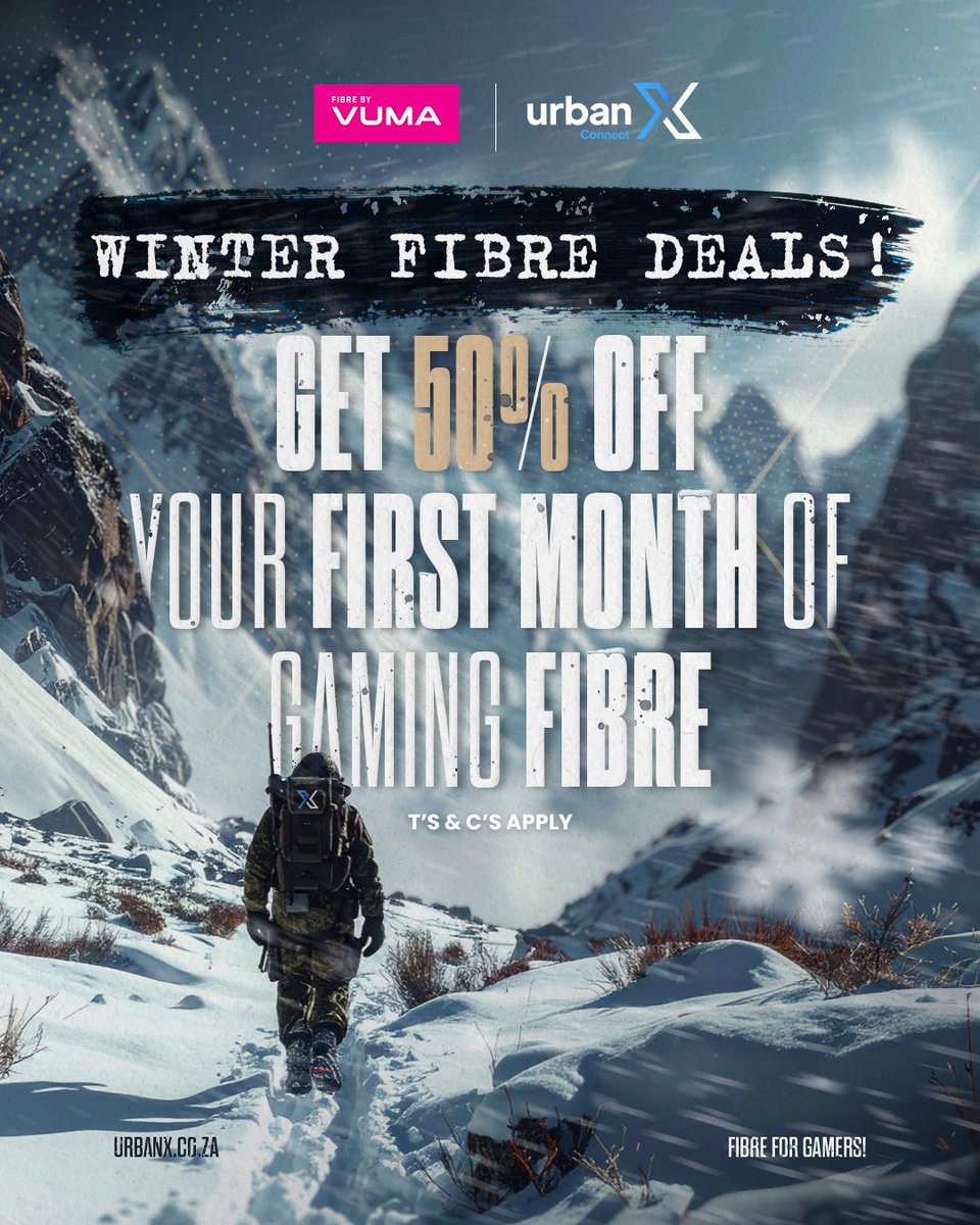 🎮 Brave the chill with blazing speeds!

Get 50% OFF your first month of Gaming Fibre with UrbanX &amp; <a href="/vumatel/">Vuma</a> this July ❄️🔥
Level up your connection and dominate winter.

👉 urbanx.co.za/news/july-fibr…

#WinterFibreDeals #UrbanXGaming #VumaFibre #GameOn