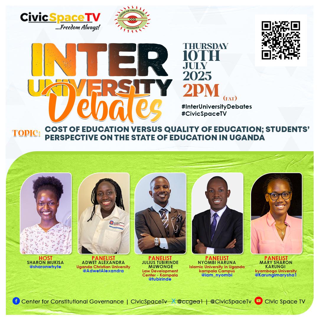 Watch today's #CivicSpaceTV  #InterUniversityDebates about the cost of education Vs quality of education;a students' perspective on the state of education in Uganda.  

Link:youtu.be/K3UGVRwh5TI?si…

<a href="/sharonewhyte/">Mukisa Sharon</a> <a href="/AdwetAlexandra/">adwet alexandra</a>  <a href="/tubirinde/">Julius Tubirinde</a> <a href="/Iam_Nyombi/">Haruna Nyombi</a> <a href="/KarungiMarysha1/">Karungi Mary sharon</a>