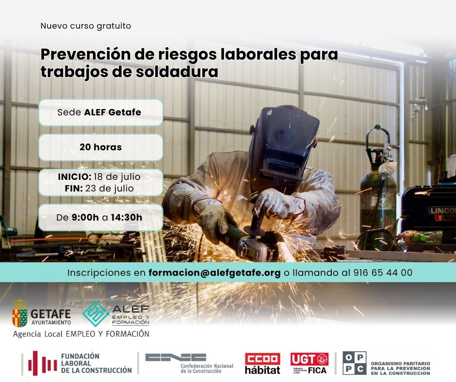 Agencia Local de Empleo y Formación (@alefgetafe) on Twitter photo 🚨 ¡ÚLTIMAS PLAZAS! Curso de Prevención de riesgos laborales para trabajos de soldadura.
❗ ¡Solo 4 días! Del 18 al 23 de julio de 9h a 14:30h.
📚 Formación gratuita y oficial de 20 horas.
Más información o inscripciones en:
📩 formacion@alefgetafe.org
📞 916 65 44 00
🔗 🚨 ¡ÚLTIMAS PLAZAS! Curso de Prevención de riesgos laborales para trabajos de soldadura.
❗ ¡Solo 4 días! Del 18 al 23 de julio de 9h a 14:30h.
📚 Formación gratuita y oficial de 20 horas.
Más información o inscripciones en:
📩 formacion@alefgetafe.org
📞 916 65 44 00
🔗
