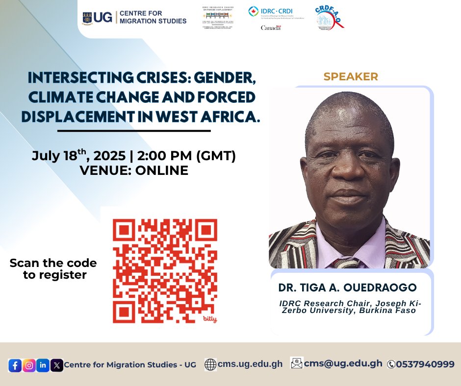 CmsLegon's tweet image. Dr. Alain Tiga Ouedraogo, @IDRC_CRDI Research Chair at Université Joseph KI-ZERBO, will share key insights from Burkina Faso on displacement, gender &amp;amp; climate change at the upcoming West Africa forum.

🔗 Register: bit.ly/GCFDwestAfrica

#CMS_UG 
#ForcedDisplacement