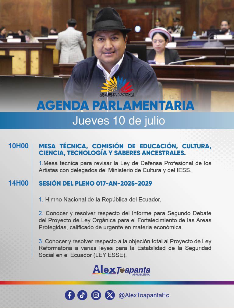 Alex Toapanta (@alextoapantaec) on Twitter photo ππππππ πππππππππππ
π Comparto mi agenda legislativa convocado para el dia de hoy jueves 10 de julio de 2025.
π‘ TransmisiΓ³n en vivo a travΓ©s de las cuentas oficiales de la Asamblea Nacional del Ecuador
πSALΓN NELA MARTΓNEZ, PLANTA BAJA, PALACIO LEGISLATIVO ππππππ πππππππππππ
π Comparto mi agenda legislativa convocado para el dia de hoy jueves 10 de julio de 2025.
π‘ TransmisiΓ³n en vivo a travΓ©s de las cuentas oficiales de la Asamblea Nacional del Ecuador
πSALΓN NELA MARTΓNEZ, PLANTA BAJA, PALACIO LEGISLATIVO