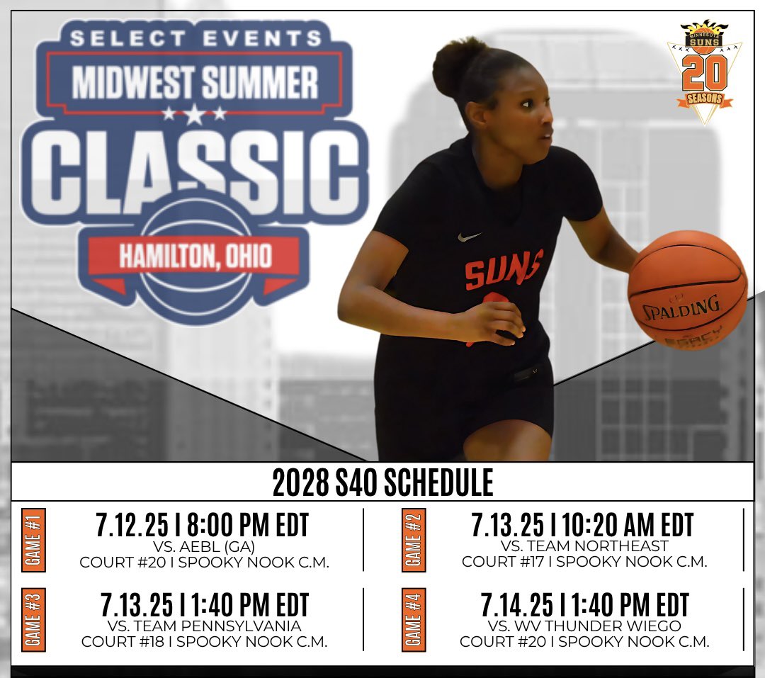 The 2026 P24, 2026 Select, and the 2027 and 2028 S40 teams are in Hamilton, Ohio, this weekend for the Midwest Summer Classic! Check out their schedules and follow the Suns using the link below!

🔗basketball.exposureevents.com/246219/midwest…