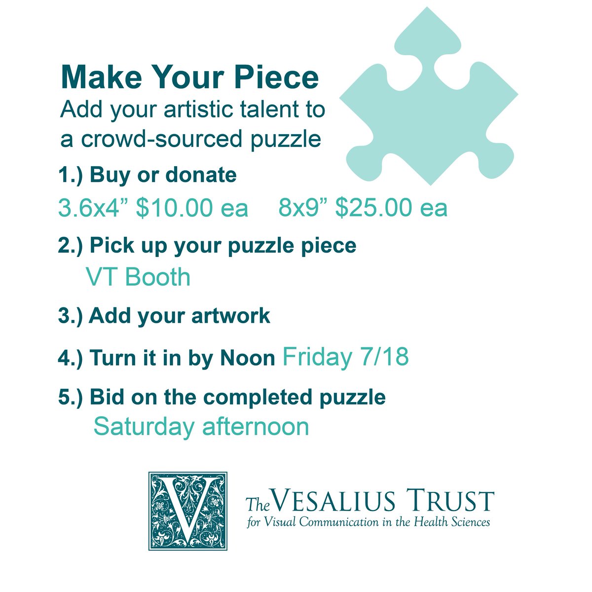 Take part in a one-of-a-kind collaborative art project! Buy a puzzle piece (small or large) that will be hand-decorated by you &amp; assembled into a community-created masterpiece. The completed puzzles will be auctioned off at the 2025 @amidotorg mtg to support our scholarships.!