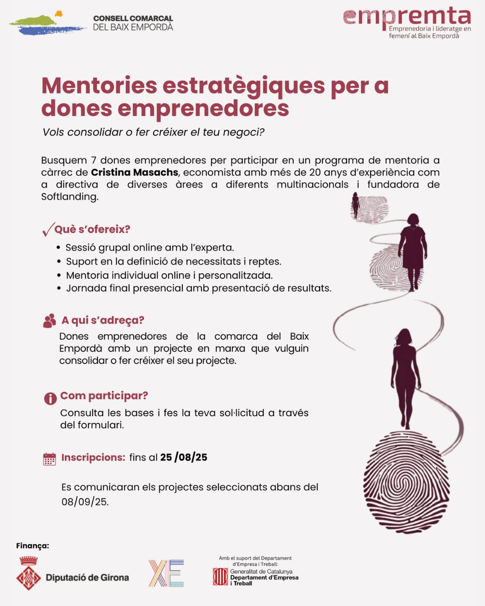 Promoció Econòmica Palafrugell (@ipepempresa) on Twitter photo 📢 Mentories estratègiques Empremta 2025”, una inciativa que pretén donar suport a projectes de dones emprenedores de la comarca.
ℹ Tota la informació: promocioeconomica.palafrugell.cat
#Palafrugell #Mentories #PromocióEconòmica
<a href="/ajpalafrugell/">Ajunt. Palafrugell</a> <a href="/ccbaixemporda/">Consell Comarcal del Baix Empordà</a> 📢 Mentories estratègiques Empremta 2025”, una inciativa que pretén donar suport a projectes de dones emprenedores de la comarca.
ℹ Tota la informació: promocioeconomica.palafrugell.cat
#Palafrugell #Mentories #PromocióEconòmica
<a href="/ajpalafrugell/">Ajunt. Palafrugell</a> <a href="/ccbaixemporda/">Consell Comarcal del Baix Empordà</a>