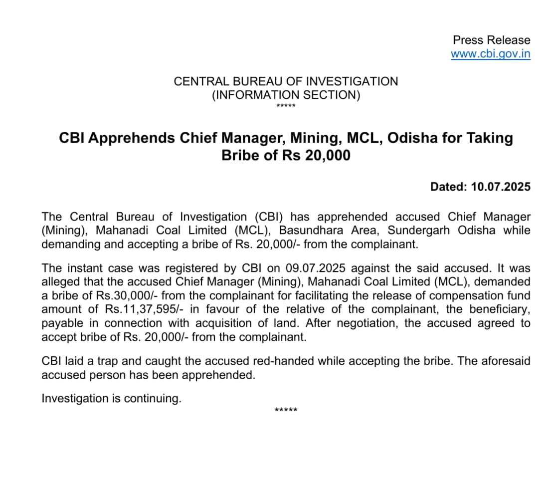 CBI Apprehends Chief Manager, Mining, MCL, Odisha for Taking Bribe of Rs 20,000