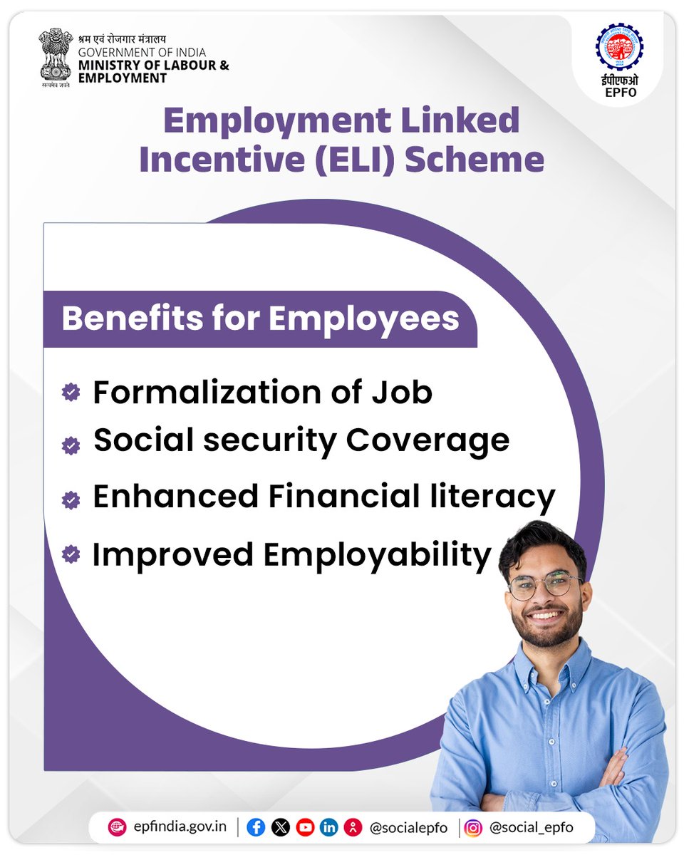 Employment Linked Incentive (ELI) Scheme- A Game Changer for First-Time Workers! Scheme offers a range of benefits to first-time employees — from skill development and improved employability to new avenues for career growth.  #ELI4ViksitBharat #EPFO #ELIScheme #EPFOWithYou