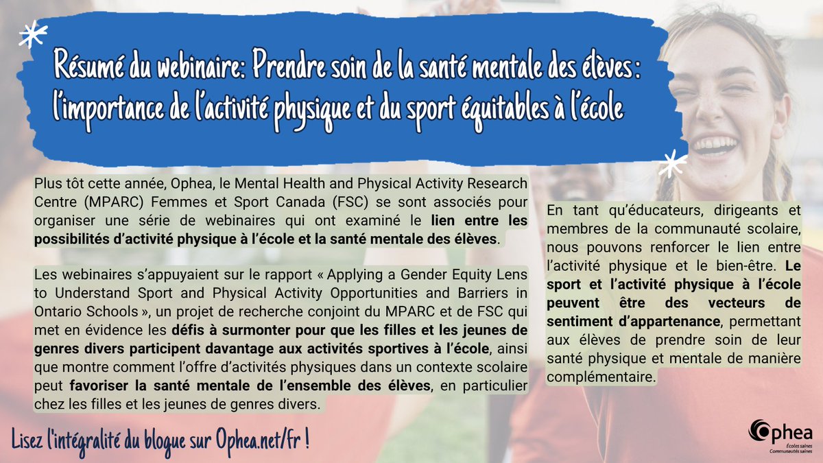 Ophea (@opheacanada) on Twitter photo Ophea, <a href="/MPARC_UofT/">MPARC</a> et <a href="/WomenandSportCA/">Canadian Women & Sport | Femmes et sport au Canada</a> ont organisé des webinaires examinant le lien entre l’activité physique et la santé mentale des élèves, offrant des stratégies concrètes aux personnel enseignant/responsables communautaires/décideurs du système: bit.ly/3U33UJT Ophea, <a href="/MPARC_UofT/">MPARC</a> et <a href="/WomenandSportCA/">Canadian Women & Sport | Femmes et sport au Canada</a> ont organisé des webinaires examinant le lien entre l’activité physique et la santé mentale des élèves, offrant des stratégies concrètes aux personnel enseignant/responsables communautaires/décideurs du système: bit.ly/3U33UJT