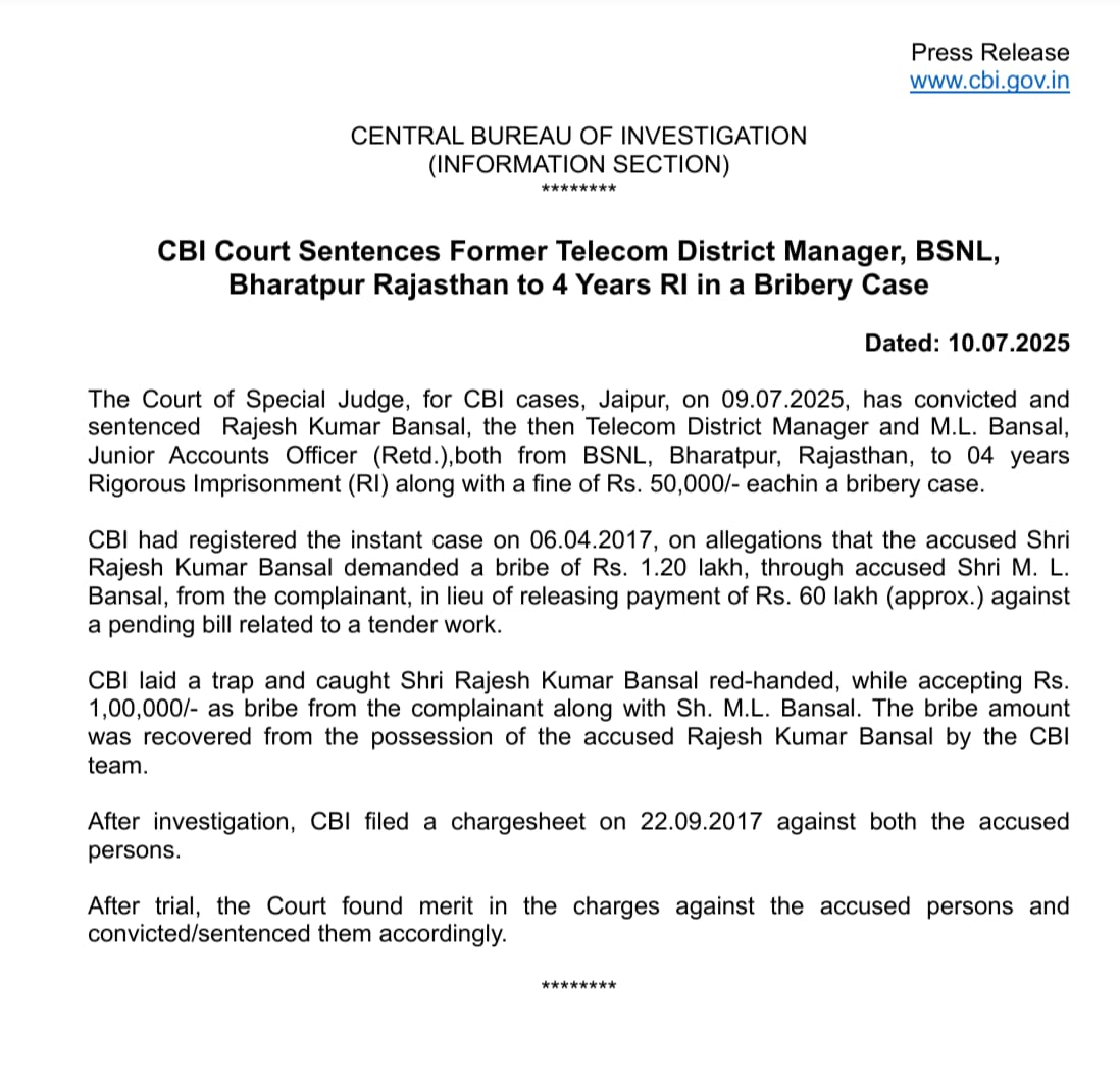 CBI Court Sentences Former Telecom District Manager, BSNL, Bharatpur Rajasthan to 4 Years RI in a Bribery Case