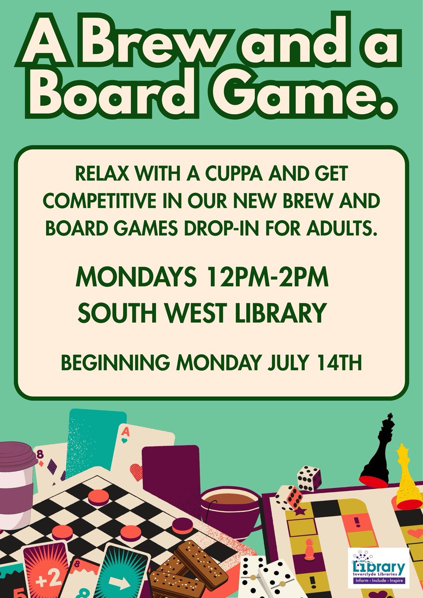 InverclydeLibs's tweet image. Are you free next Monday 12pm-2pm and love a board game? Come along to South West Library for A brew and a board game! ♟️☕️ No need to book!