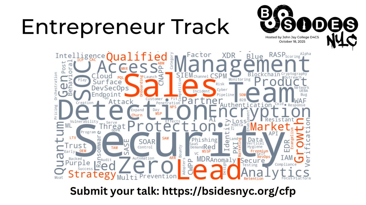 BSidesNYC's tweet image. Got stories about running a cybersecurity company? BSidesNYC has a track dedicated to entrepreneurship in cybersecurity. The call for papers is open. Submit a talk today! bsidesnyc.org/cfp/
