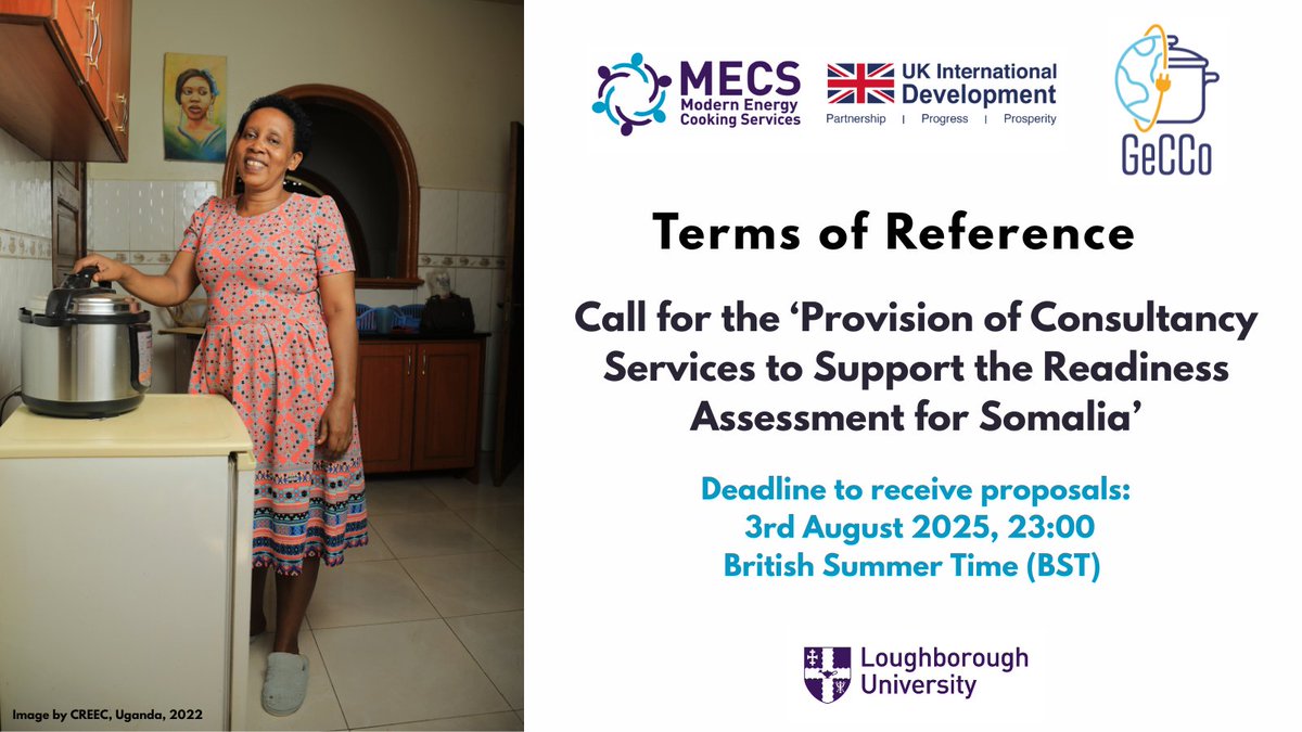 Global Ecooking Coalition (@geccohq) on Twitter photo 📢<a href="/UKMECS/">Modern Energy Cooking Services</a> calls for ‘the provision of #Consultancy Services to support the readiness assessment for #Somalia.’
Full ToR & how to Apply⬇️
mecs.org.uk/terms-of-refer…
⌛️Deadline: 3 Aug 2025, 23:00 BST
#eCooking 📢<a href="/UKMECS/">Modern Energy Cooking Services</a> calls for ‘the provision of #Consultancy Services to support the readiness assessment for #Somalia.’
Full ToR & how to Apply⬇️
mecs.org.uk/terms-of-refer…
⌛️Deadline: 3 Aug 2025, 23:00 BST
#eCooking