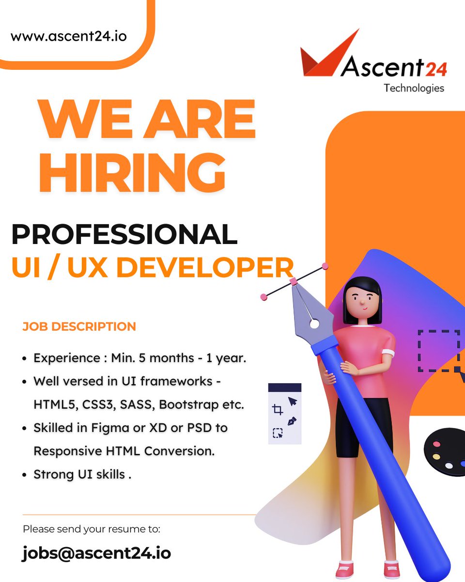 Ascent24T's tweet image. 🚀 Hiring UI/UX Developer! 🎨
Got 1+ year experience? 🤩
Passionate about design and innovation? 🔥
Join Ascent24 Technologies 🙂
#DM us your portfolio : jobs@ascent24.io
ascent24.io/careers/
#NowHiring #UIUXdeveloper #joinourteam #ascent24technologies #freshers #html