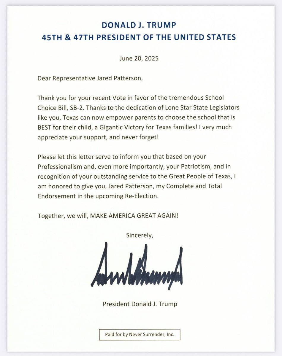 JaredLPatterson's tweet image. REP. PATTERSON ENDORSED BY PRESIDENT TRUMP
Huge and exciting news! Last night, I received the Complete and Total Endorsement of President Donald J. Trump in my re-election campaign for State Representative of House District 106!
From defending Texas families to empowering…