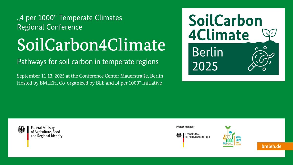 4per1000's tweet image. 📢Only one more week until the 2nd phase of pre-registration for #SoilC4C ends!
🖊️Pre-register now and submit your abstract!
🔗ktmlandingpage.bmel.de/sc4c
Join us in #Berlin for the main event on #SoilHealth in the temperate regions in 2025.
@BMLEH_Bund #Agroecology #ClimateAction