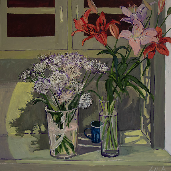 'Flowers in Vases' painted on wood panel by New York artist Lila Bacon