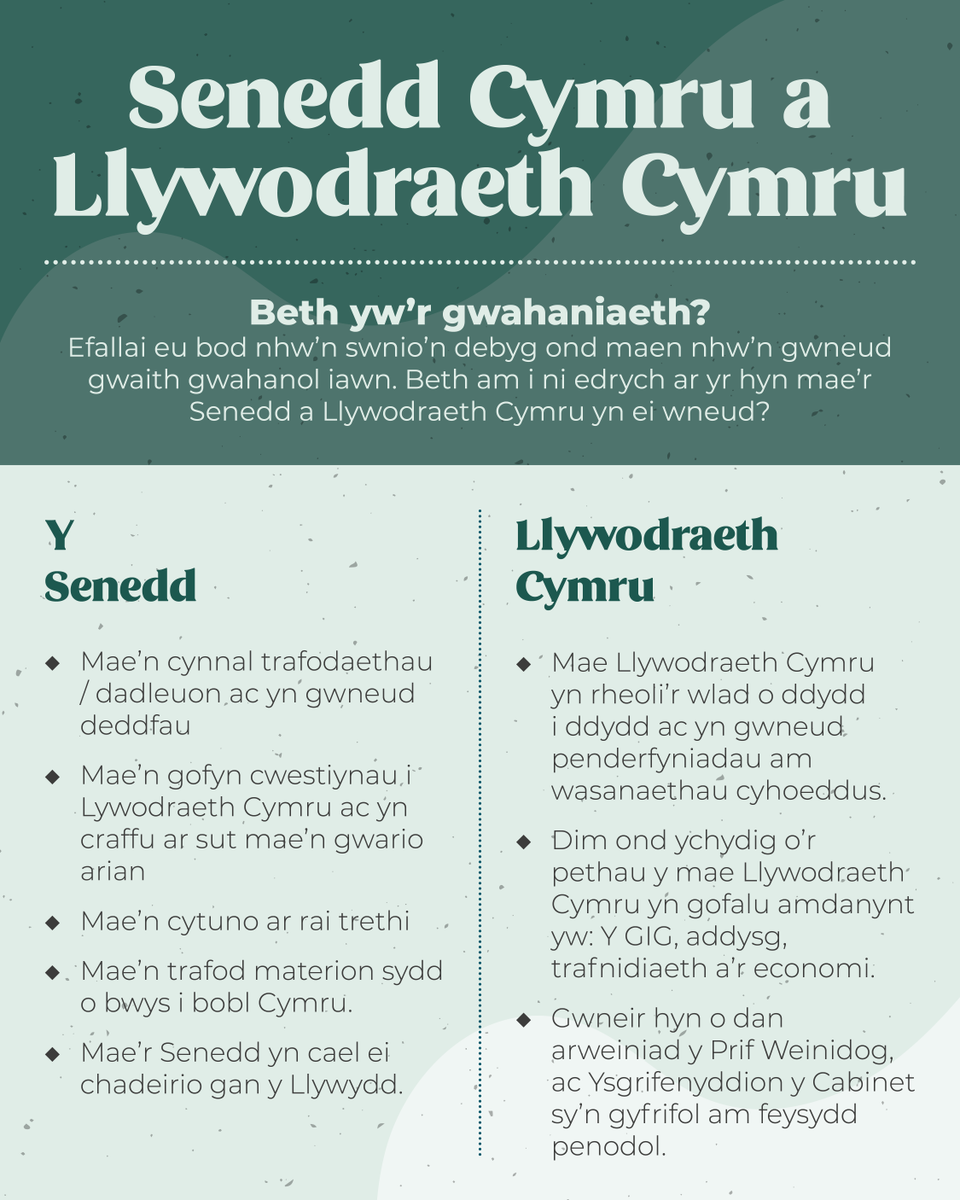 Mae gan y Senedd a Llywodraeth Cymru rolau gwahanol ond mae'r ddau yn effeithio ar eich bywyd bob dydd.

Dyma gyflwyniad cyflym i'r prif wahaniaethau

Eisiau dysgu mwy? Darllenwch ein blog bit.ly/4nAQqm9