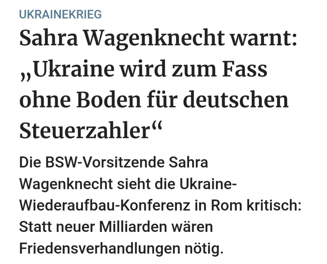 SWagenknecht's tweet image. Wir brauchen dringend eine Friedenskonferenz zur Beendigung des #Ukraine-Kriegs, ohne Frieden ist es absurd, über Wiederaufbau zu reden. Und Frieden gibt es nur, wenn von allen Seiten, von #Russland, aber auch von der Ukraine endlich Verhandlungs- und Kompromissbereitschaft…