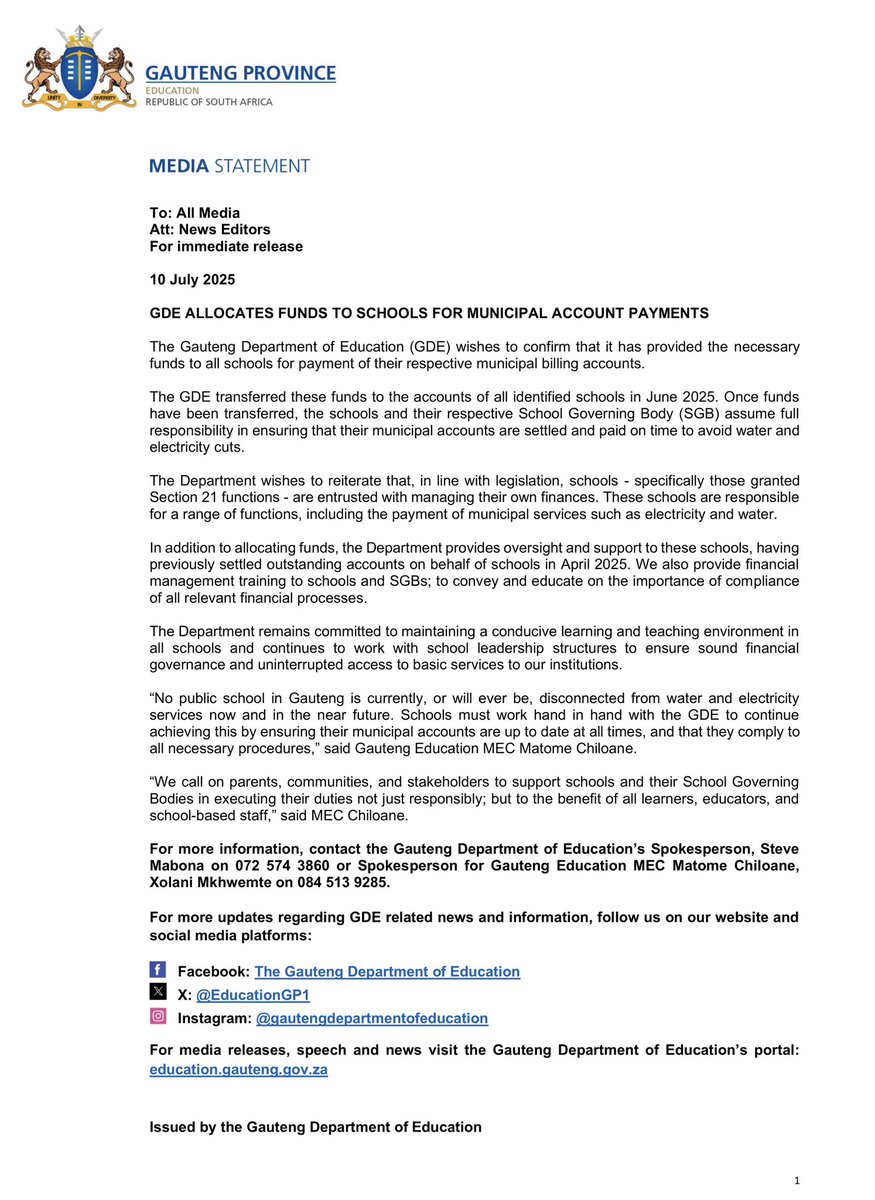 📄 Media Statement: The Gauteng Department of Education (GDE) wishes to confirm that it has provided the necessary funds to all schools for payment of their respective municipal billing accounts.