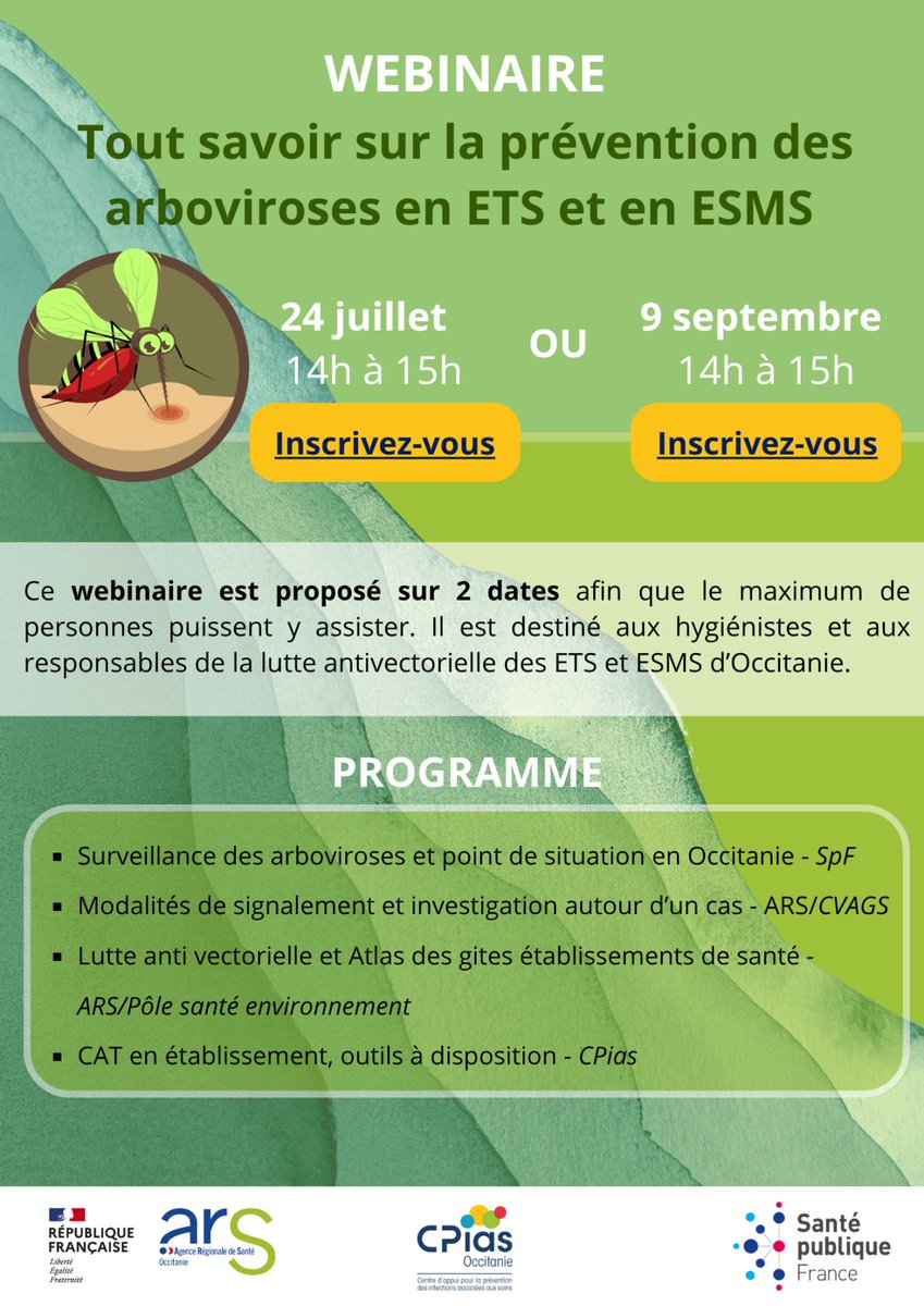 VLSdirect's tweet image. 🔷 Le CPias Occitanie (Centre d'appui pour la prévention des infections associées aux soins) organise 2 webinaires :
Arboviroses soyons prêts ! 🦟
🔹 La recrudescence des cas d'arboviroses (en particulier de dengue et de chikungunya) en France métropolitaine nous rappelle…
