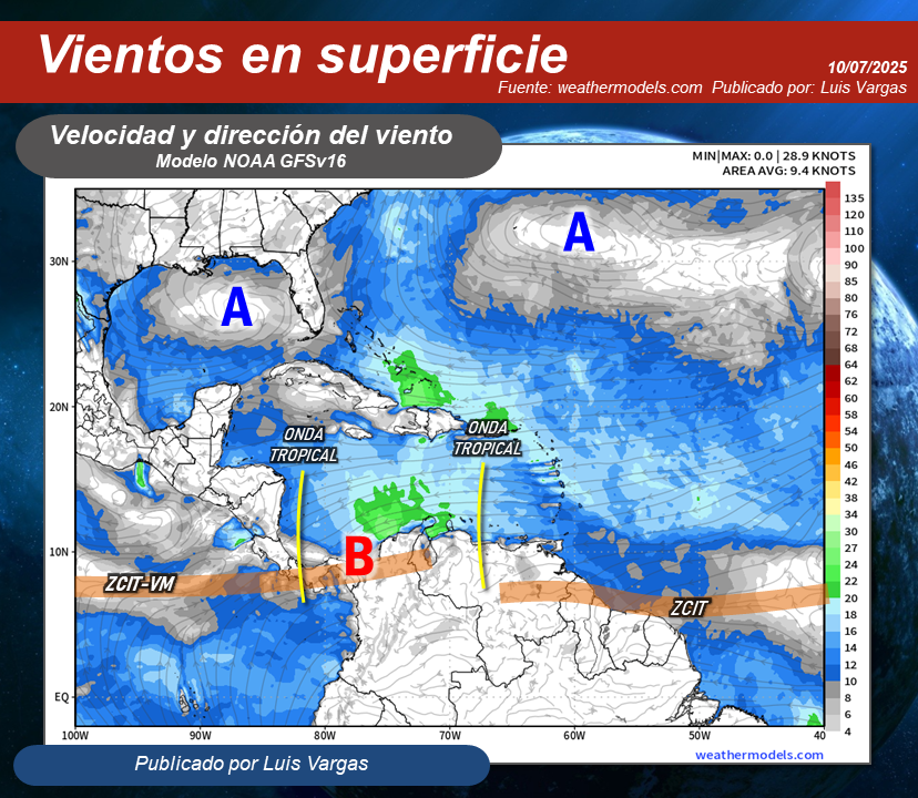 #10Jul Onda tropical avanzando del centro hacia el occidente del país, en interacción con la Zona de Convergencia Intertropical-Vaguada Monzónica, estará generando nubosidad productora de lluvias y chubascos, especialmente en horas vespertinas y/o nocturnas, en áreas de las
