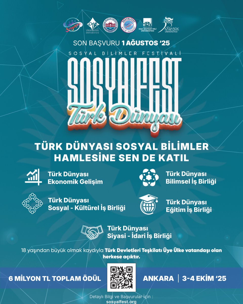 📢✨ Sosyalfest 2025 Heyecanı Başladı!
Sosyalfest; insan ve toplum merkezli bakış açısıyla, Türkiye’nin ve dünyanın ihtiyaçlarına yenilikçi çözümler üretmeyi amaçlayan bilimsel bir festivaldir.
📅 3–4 Ekim 2025
📍 Ankara, Türkiye
🔗 sosyalfest.org