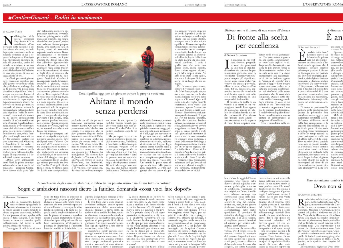 GuGallone's tweet image. Abitare il mondo senza perdersi: cosa significa oggi per un giovane trovare la propria vocazione. Le bellissime riflessioni dei giovani nate dall'Angelus di Papa Leone XIV e pubblicate oggi su @oss_romano nella rubrica #CantiereGiovani.
osservatoreromano.va/it/last-editio…