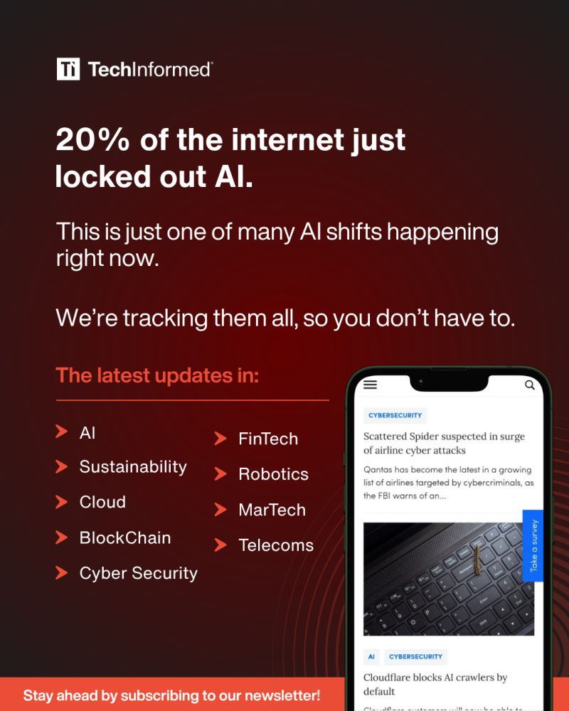 TechInformed (@techinformed) on Twitter photo 🚨 20% of the internet just became off-limits to AI crawlers.
Condé Nast, TIME, Reddit, Pinterest + more are backing <a href="/Cloudflare/">Cloudflare</a>'s move to block AI from scraping content - unless they pay or get permission.
Silent scraping era is ending
Full story - techinformed.com/cloudflare-blo… 🚨 20% of the internet just became off-limits to AI crawlers.
Condé Nast, TIME, Reddit, Pinterest + more are backing <a href="/Cloudflare/">Cloudflare</a>'s move to block AI from scraping content - unless they pay or get permission.
Silent scraping era is ending
Full story - techinformed.com/cloudflare-blo…