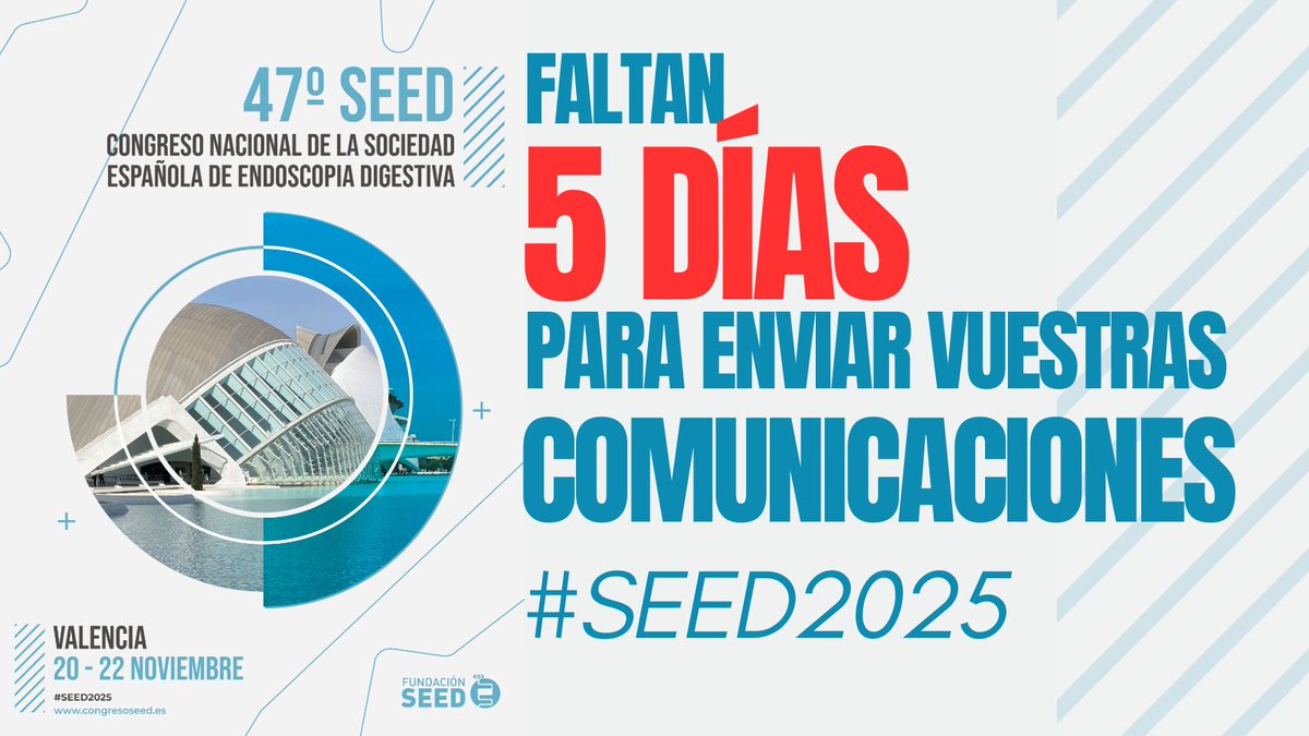 SEEDendoscopia's tweet image. ⏳¡5 DÍAS para enviar vuestras comunicaciones a #SEED2025!⌛️🔜Tendrá lugar en el Palacio de Congresos de Valencia los días 20, 21 y 22 de noviembre📅 🚀Una oportunidad única para compartir tus investigaciones, intercambiar conocimientos y formar parte activa de la comunidad…
