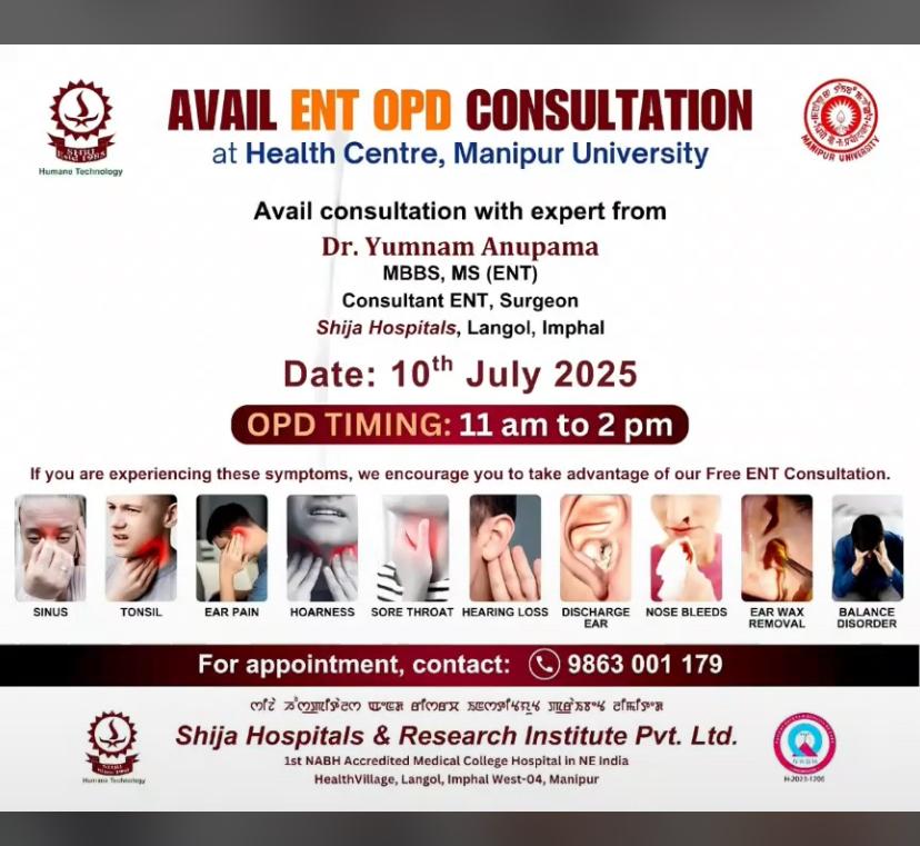 🩺 FREE ENT OPD CONSULTATION
📅 Today | 10/07/2025
🕚 Time: 11:00 AM – 2:00 PM
👩‍⚕️ Consult with Dr. Yumnam Anupama
MBBS (MS) ENT Specialist
Don't miss this opportunity for expert care!
#ManipurUniversity #HealthCare #ENT #FreeConsultation #MUHealthCentre