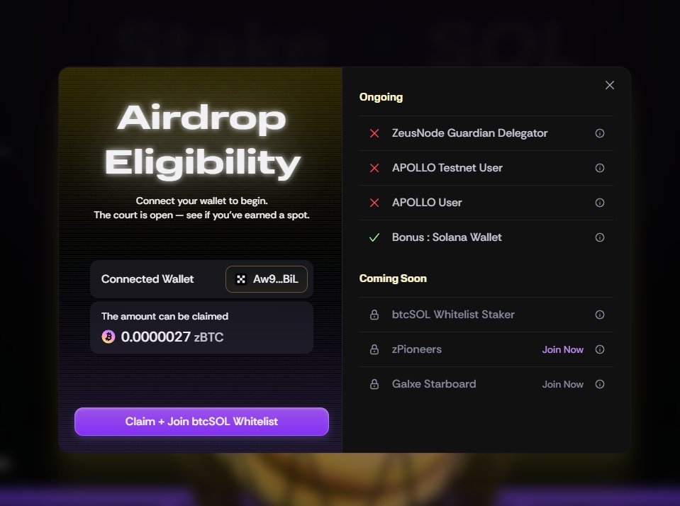 Lý do là quá lười!

Kèo <a href="/ZeusNetworkHQ/">Zeus Network (EPOCH 8)</a> này trước có làm chơi nhưng không theo đuổi. Giờ Airdrop trực tiếp bằng $zBTC trên solona luôn😂

Ní nào còn nhớ mình đã từng làm thì check: btcsol.co

Điều Kiện
- Top 1000 trên galxe point
- APOLLO Testnet: 1000 em