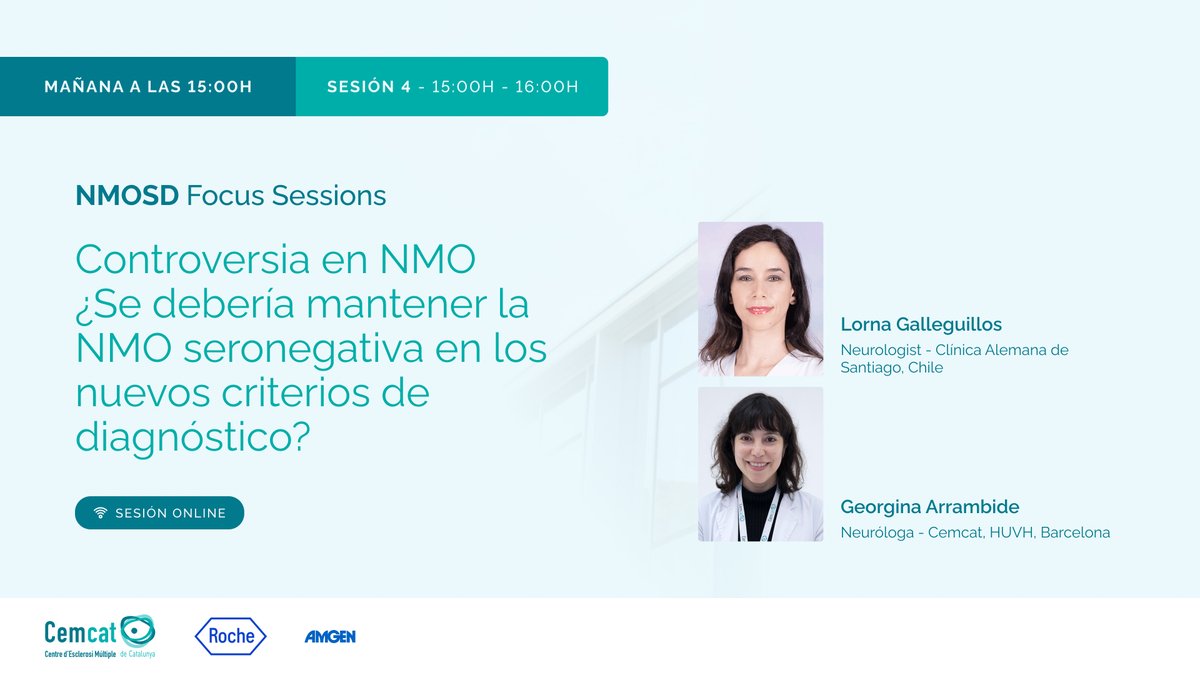 cemcat_em's tweet image. 🔜 Mañana, 11 de julio a las 15:00h (CEST), acompáñanos en la cuarta sesión de las NMOSD Focus Sessions |Controversia en NMO: ¿Se debería mantener la NMO seronegativa en los nuevos criterios de diagnóstico? A favor/ En contra
🌐 Online | 🗣 En español | 🕒 15:00 - 16:00h (CEST)…