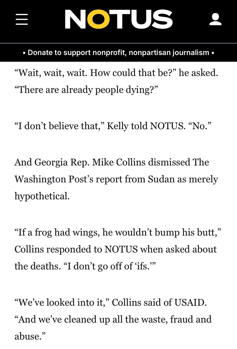 byrdinator's tweet image. I talked to Republican lawmakers about deaths since USAID’s withdrawal from the world. Most brushed off the reports, and some insisted that people couldn’t be dying as a result.
“I don’t believe that. No.”
Read more: notus.org/foreign-policy…
