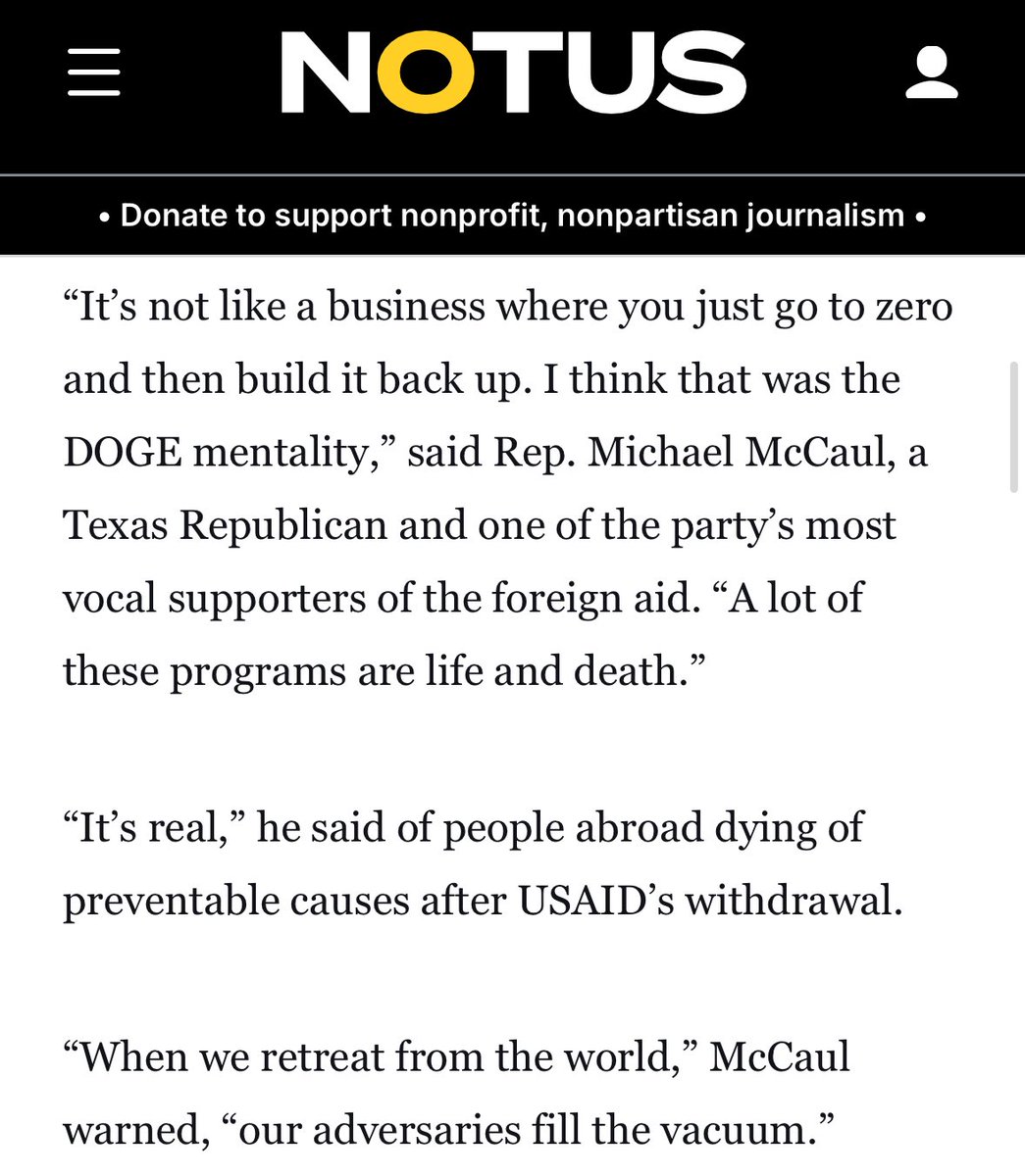 byrdinator's tweet image. I talked to Republican lawmakers about deaths since USAID’s withdrawal from the world. Most brushed off the reports, and some insisted that people couldn’t be dying as a result.
“I don’t believe that. No.”
Read more: notus.org/foreign-policy…
