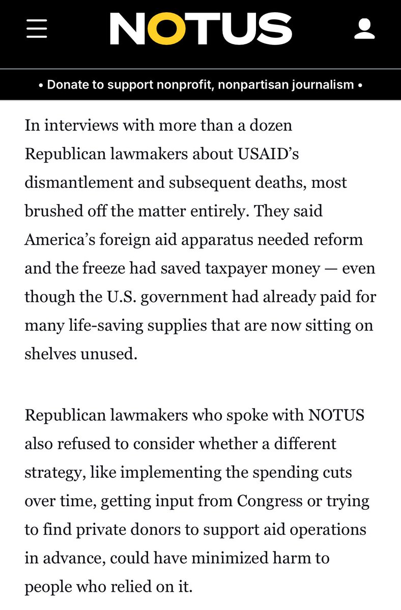 byrdinator's tweet image. I talked to Republican lawmakers about deaths since USAID’s withdrawal from the world. Most brushed off the reports, and some insisted that people couldn’t be dying as a result.
“I don’t believe that. No.”
Read more: notus.org/foreign-policy…