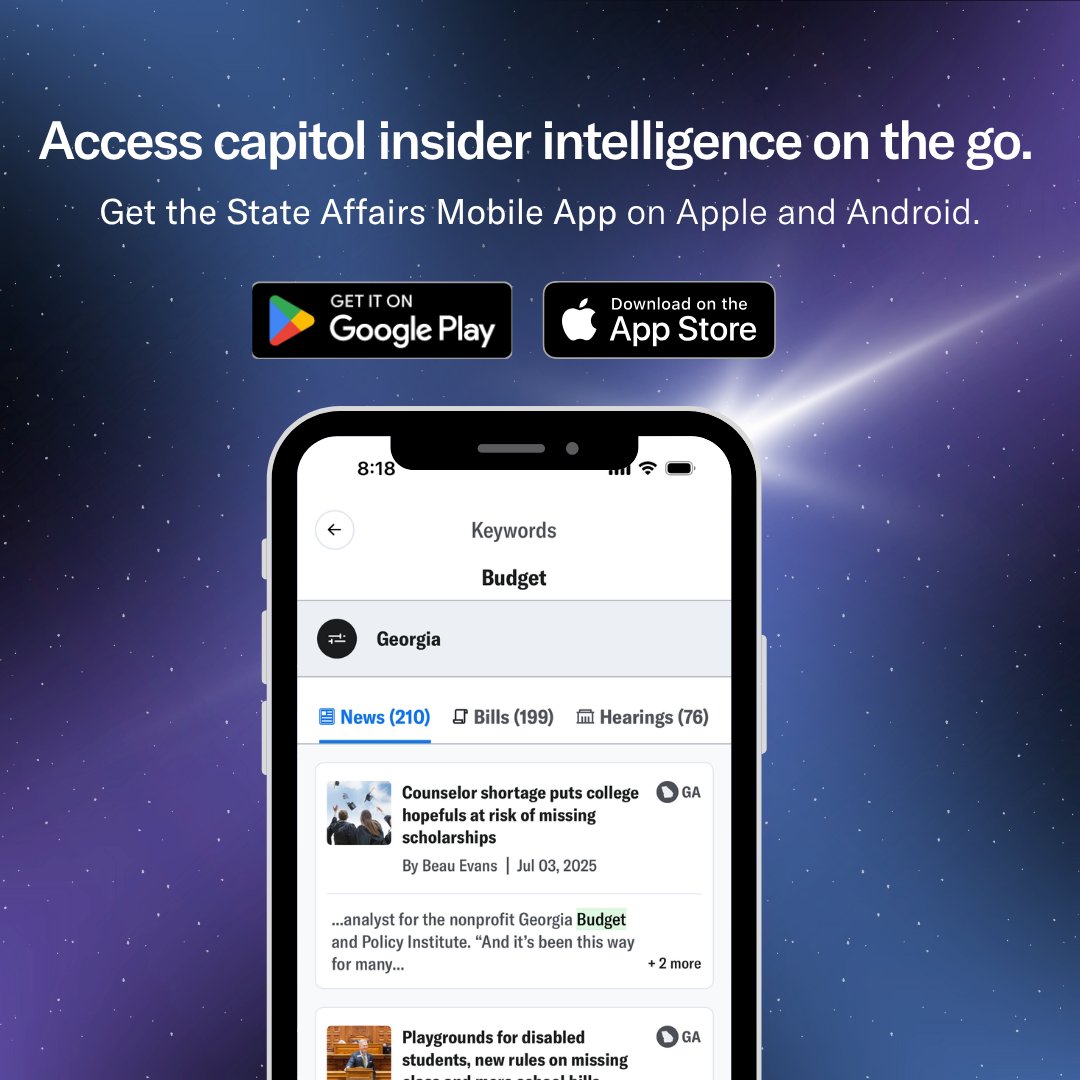 StateAffairsGA's tweet image. Have you tried Keyword Alerts? Create alerts for news you care about from "budget" to "Brian Kemp" to "Jason Esteves." You will get an alert for every story, bill or hearing with that word. No hassle. Just news. #gapol
stateaffairs.com/mobile-app