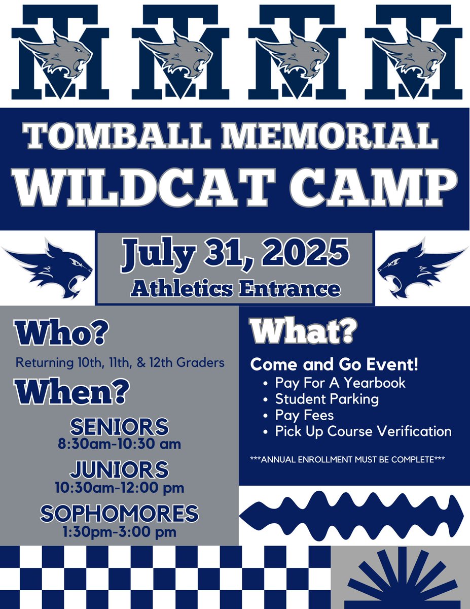TISDTMHS's tweet image. One Week from today is Wildcat Camp! WE cannot wait to see our 10th-12th Graders back on Campus! Don't miss Wildcat Camp! #BECATS