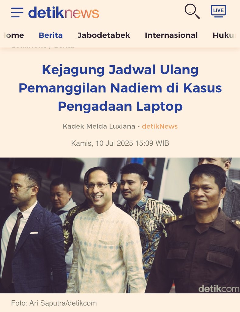 Kamis Malam Jumat

Kasus Korupsi Pengadaan Laptop senilai 9,9T ini TERTUNDA, 
Namun Kejagung memastikan pihaknya akn memanggil ulang Nadiem
Ko makin Kendor aja nih sikap Kejaksaan.?

Kirain bisa bersihsatset
kalo gini jd nangis banget
Tolak Ruu Kejaksaan news.detik.com/berita/d-80051….