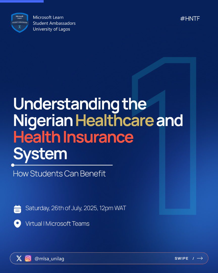 16 days to go! 🎉

Join MLSA UNILAG for an eye-opening online session on health &amp; insurance. why it matters and how students can benefit. 

check flier for more!

 📆Sat, July 26 
 🕛 12PM WAT
 📍 Microsoft Teams 
 🔗 Register: tally.so/r/mRaPej

#HNTF2025 #HealthMatters