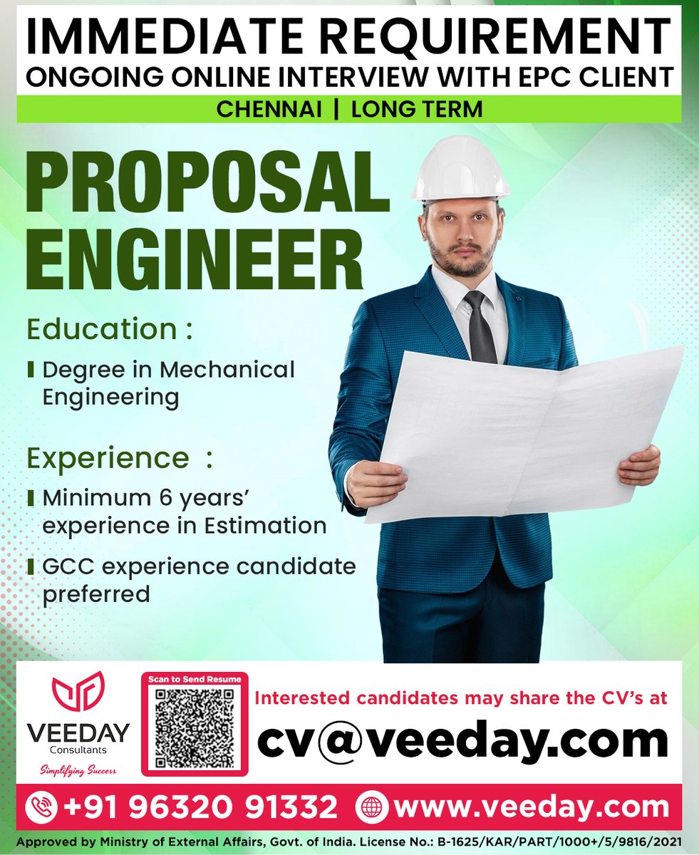 IMMEDIATE REQUIREMENT 
ONGOING ONLINE INTERVIEW WITH EPC CLIENT

#ProposalEngineer #ChennaiJobs #MechanicalEngineering 
#EstimationJobs #EPCJobs #OilAndGasJobs #LongTermJobs 
#ImmediateHiring #EngineeringCareers #GCCExperience 
#OnlineInterview