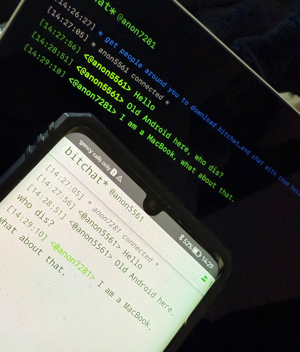 mrTeigen's tweet image. Bitchat by @jack running on an old Huawei P30 Pro and a MacBook Pro. Now, let me record the conversion and see if I can re-transmit it. #SIGINT #Bitchat