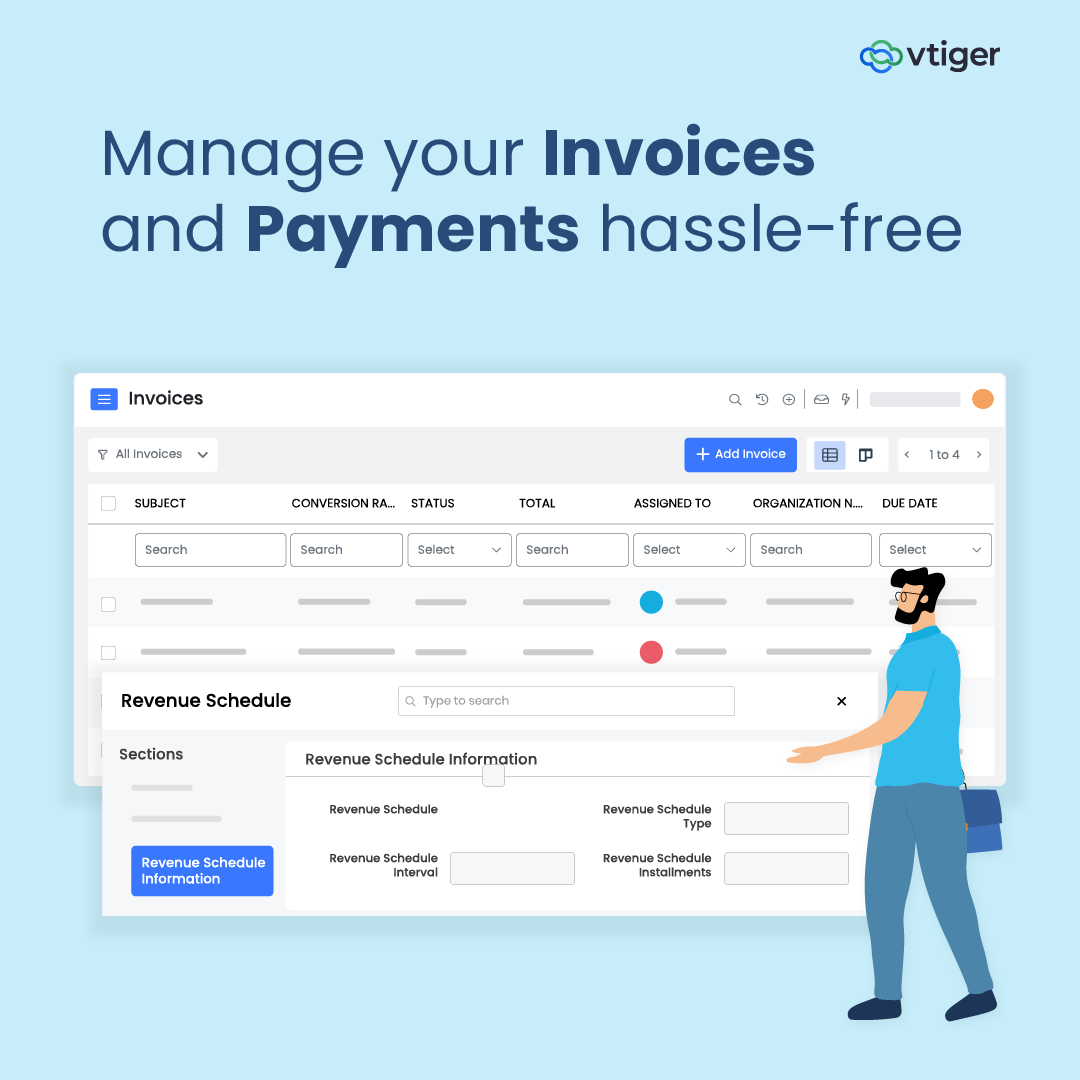 vtigercrm's tweet image. Easily create and send professional invoices to your customers in just a few clicks! 📝

Manage complex payment schedules, define payment intervals, schedule payments, and track revenue! Watch here ▶️ vcub.ly/77C4gDHf

#RevenueScheduling #InvoiceManagement #VtigerCRM #CRM