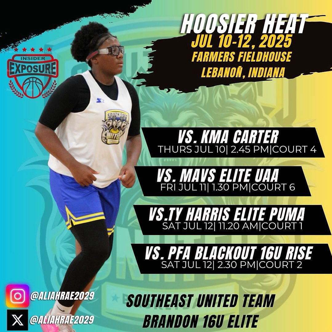 Aliahrae2029's tweet image. 📍 Lebanon, Indiana
🎯 Locked in for Hoosier Heat — July 10-12 at Farmers Fieldhouse!
Running with Southeast United Brandon 16U Elite 🏀🔥
@PGHFlorida  @SEUnitedKiki 
Ready to compete, grow, and make some noise on the court!
#SEUFamily #HoosierHeat #InsiderExposure…